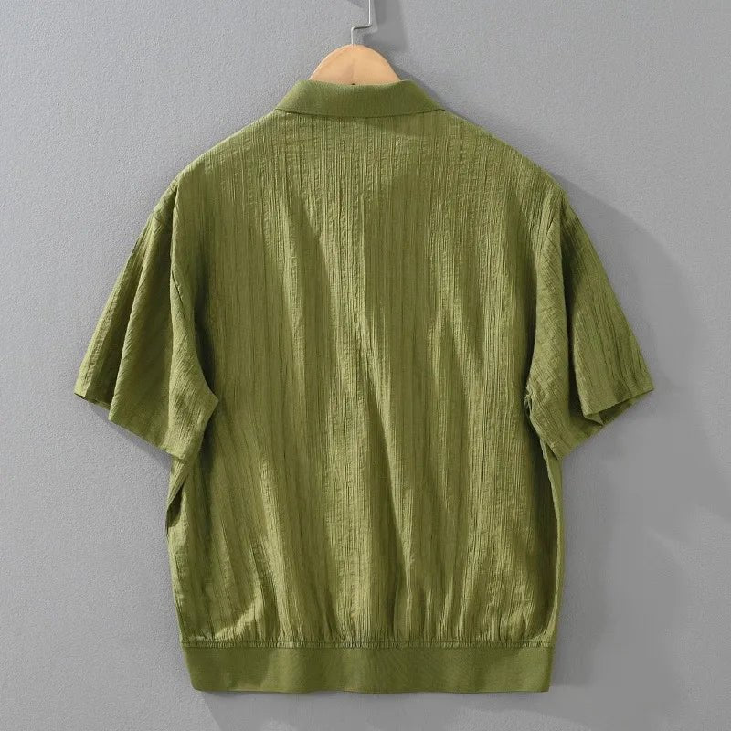Varenne Chemise à Manches Courtes à Rayures en Lyocell-Coton, Col en Tricot, Respirante et qui évacue l'humidité - Hommfer