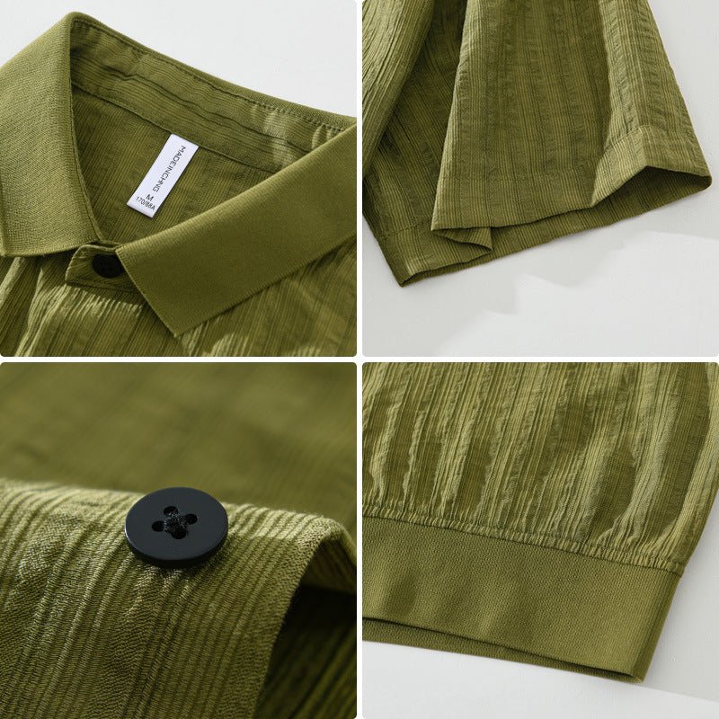 Varenne Chemise à Manches Courtes à Rayures en Lyocell-Coton, Col en Tricot, Respirante et qui évacue l'humidité - Hommfer