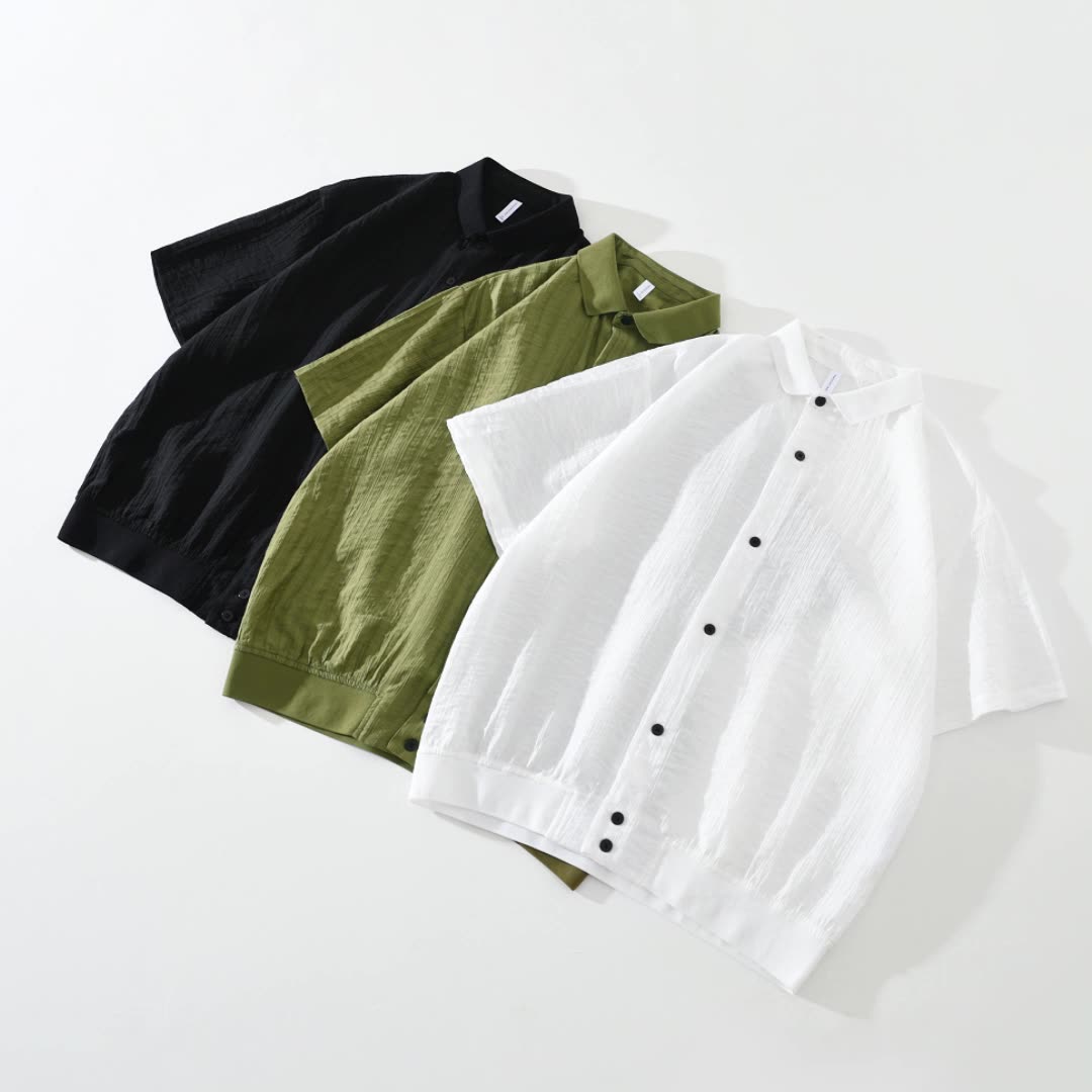 Varenne Chemise à Manches Courtes à Rayures en Lyocell-Coton, Col en Tricot, Respirante et qui évacue l'humidité - Hommfer