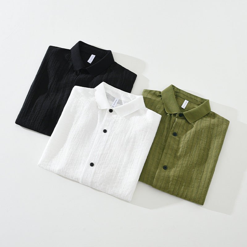 Varenne Chemise à Manches Courtes à Rayures en Lyocell-Coton, Col en Tricot, Respirante et qui évacue l'humidité - Hommfer