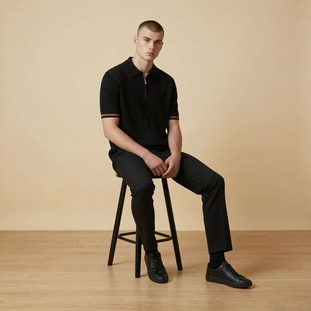 Varenne Polo en tricot de viscose extensible à col zippé, respirant, manches à bord contrasté - Hommfer