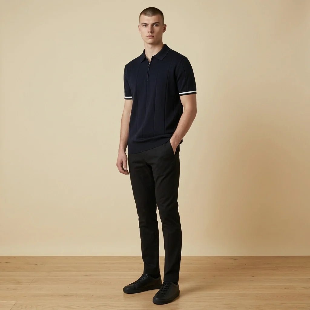 Varenne Polo en tricot de viscose extensible à col zippé, respirant, manches à bord contrasté - Hommfer